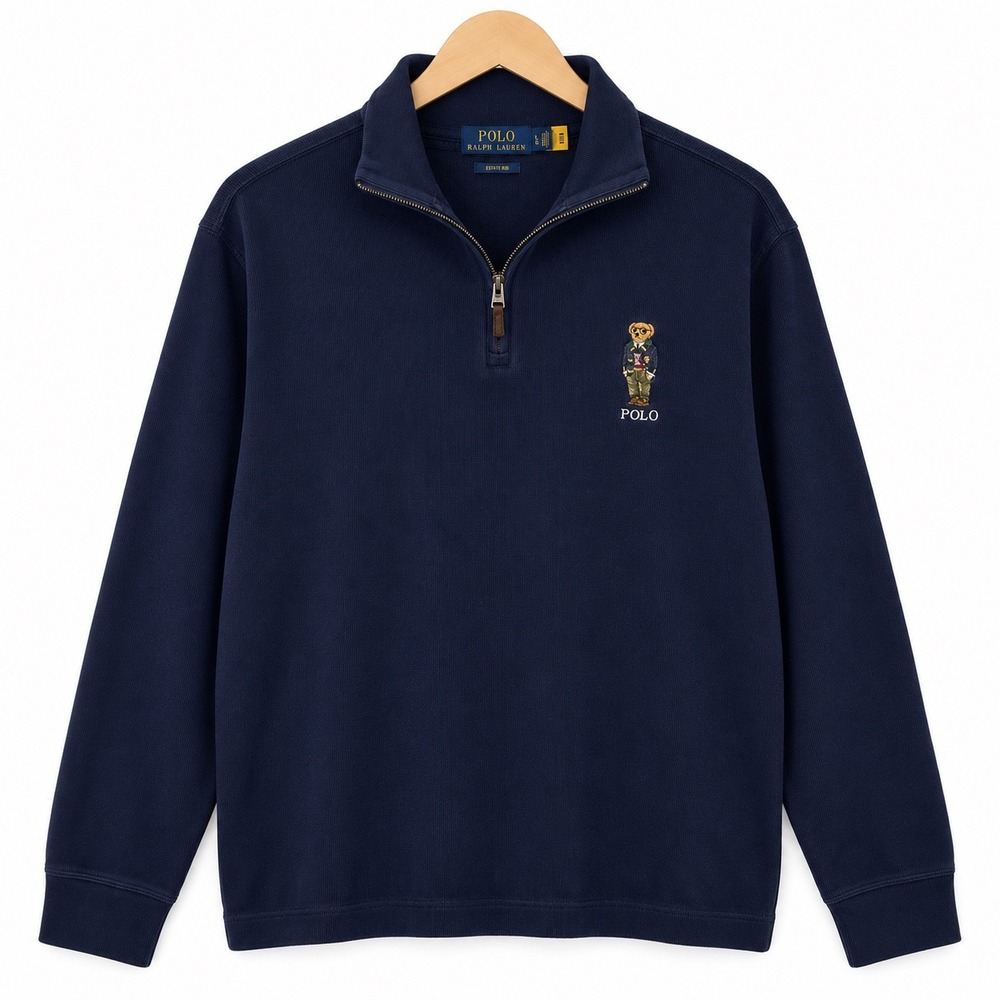 Polo Ralph Lauren Estate Rib Polo Bear Quarter Zip Pullover Mens Large Navy